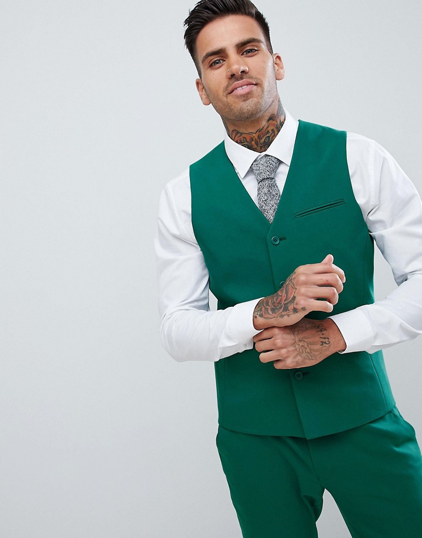 Asos Design Wedding Skinny Suit Vest In Forest Green - Green In Gray