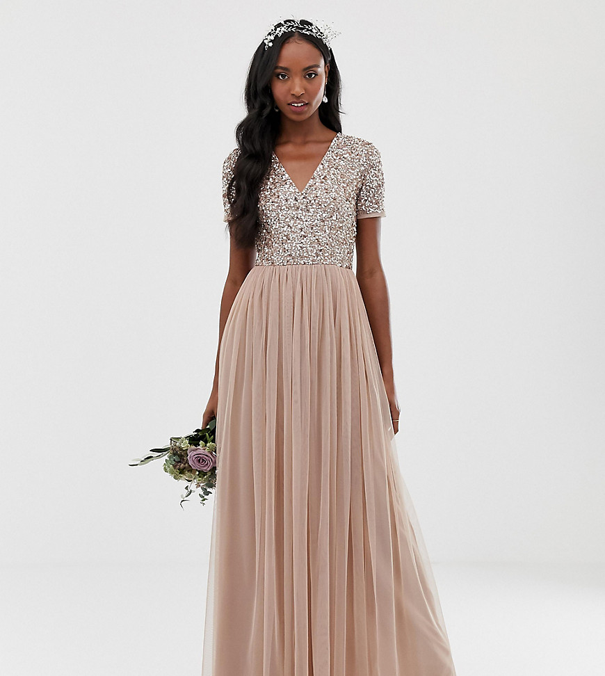 Maya Tall Bridesmaid v neck maxi tulle dress with tonal delicate sequins