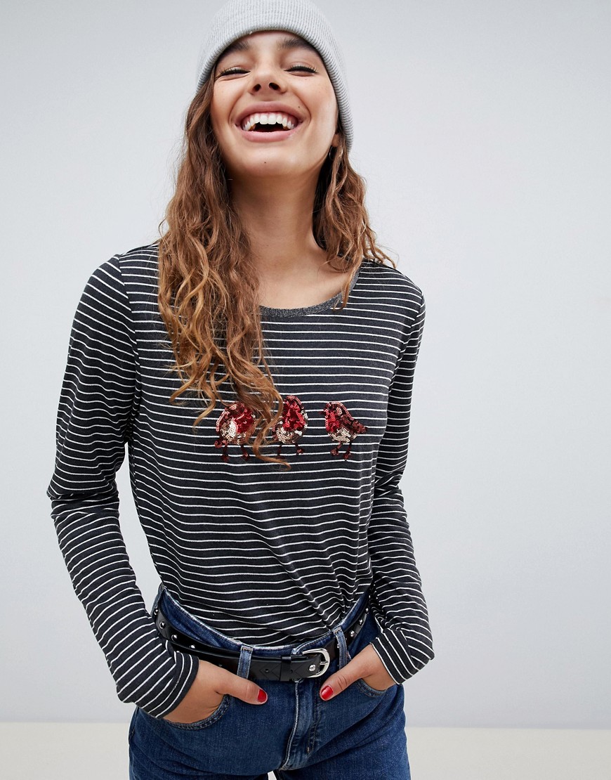 Nocozo long sleeve christmas striped t-shirt with sequined robins