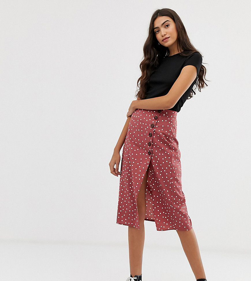 Brave Soul Tall midi skirt in spot print with button detail
