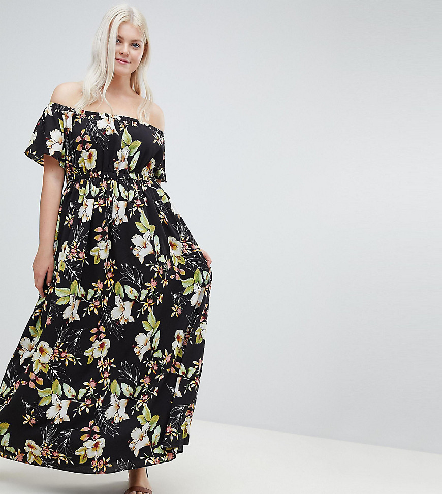Lovedrobe Printed Bardot Maxi Dress - Black floral