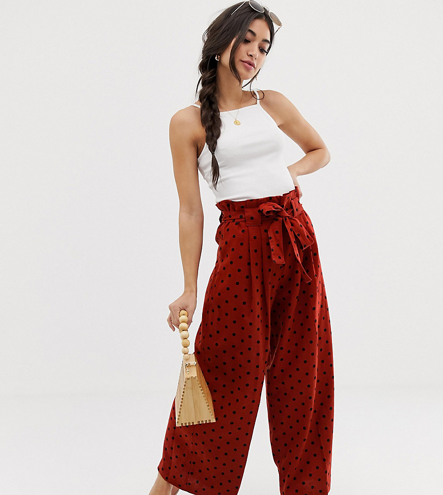 ASOS DESIGN Petite linen wide leg trousers with paperbag waist and belt in spot