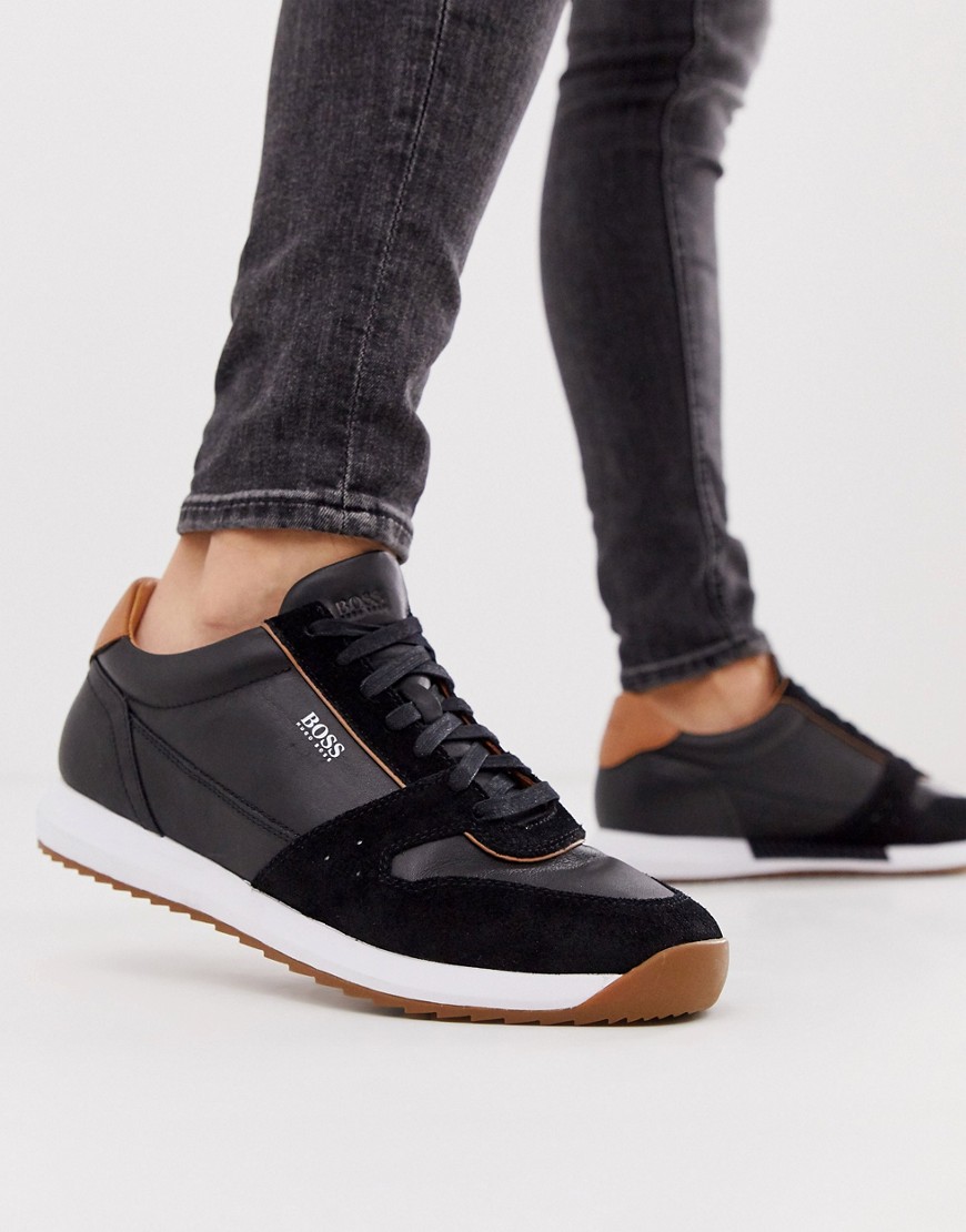 BOSS Sonic leather suede mix trainers in black