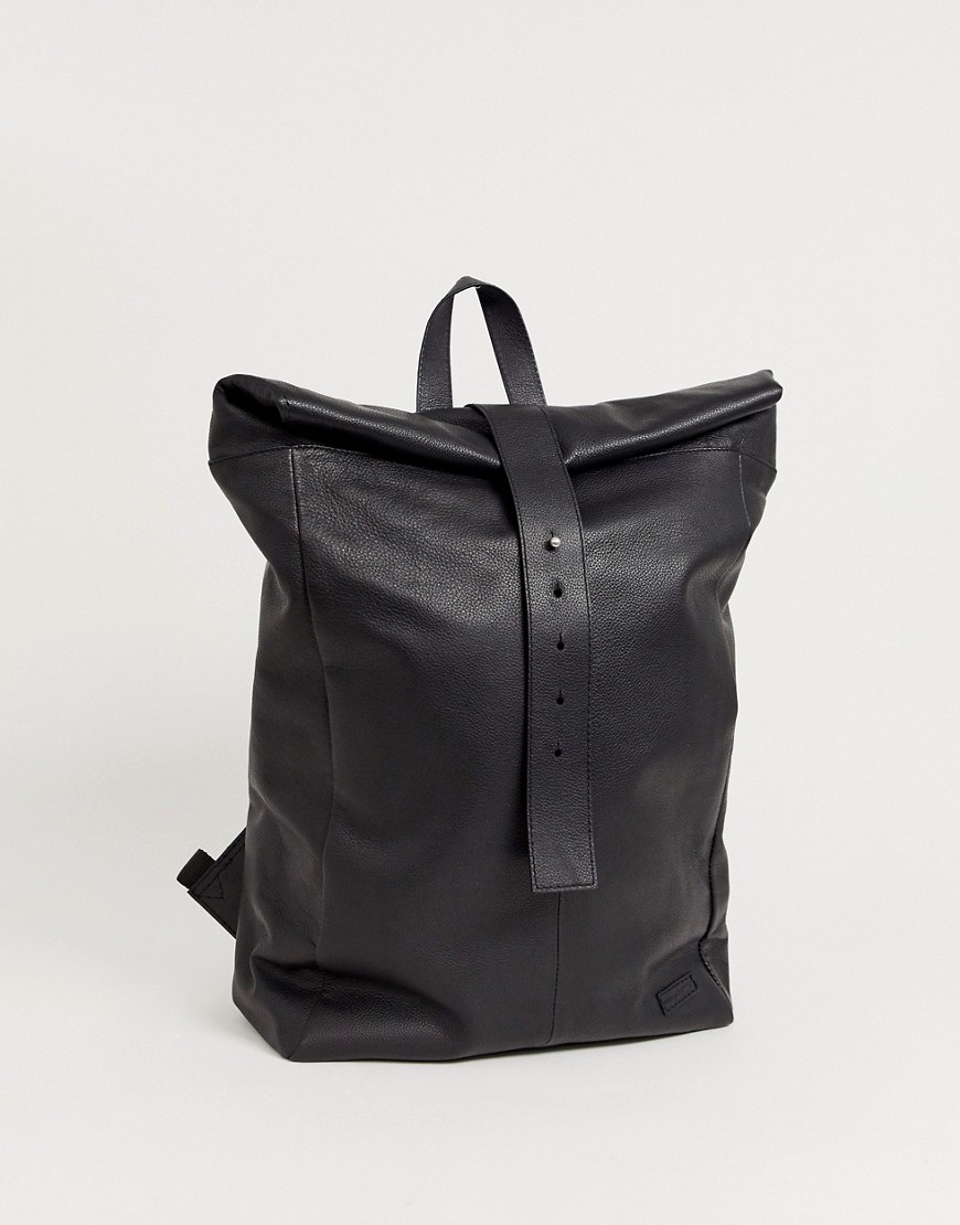 Asos Design Leather Backpack In Black With Roll Top And Front Strap