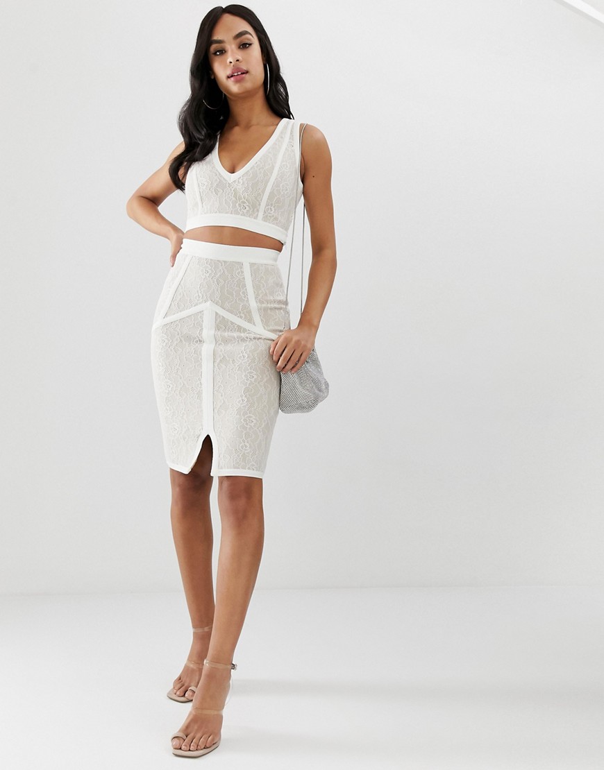 The Girlcode bandage skirt with lace in cream co-ord