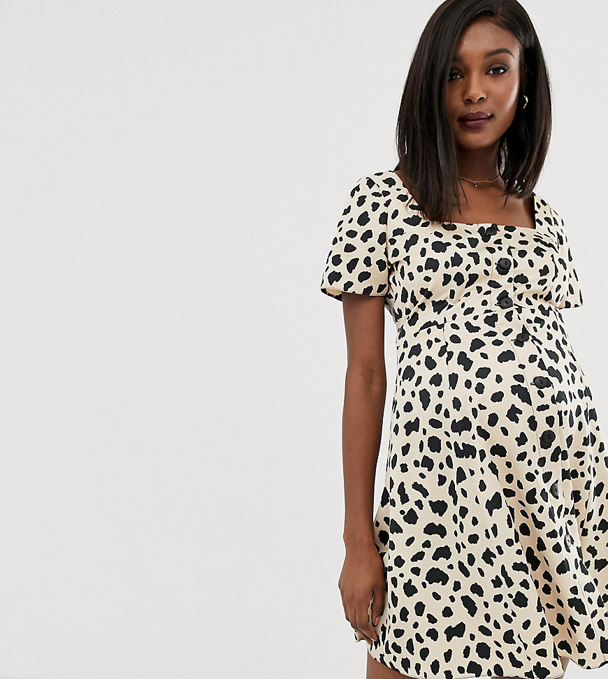 ASOS DESIGN Maternity button through mini skater dress in leopard print