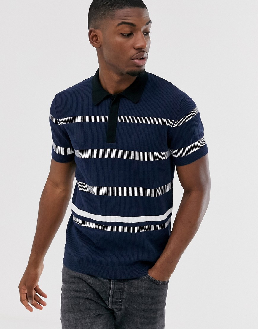Jack & Jones Premium striped knitted polo in navy