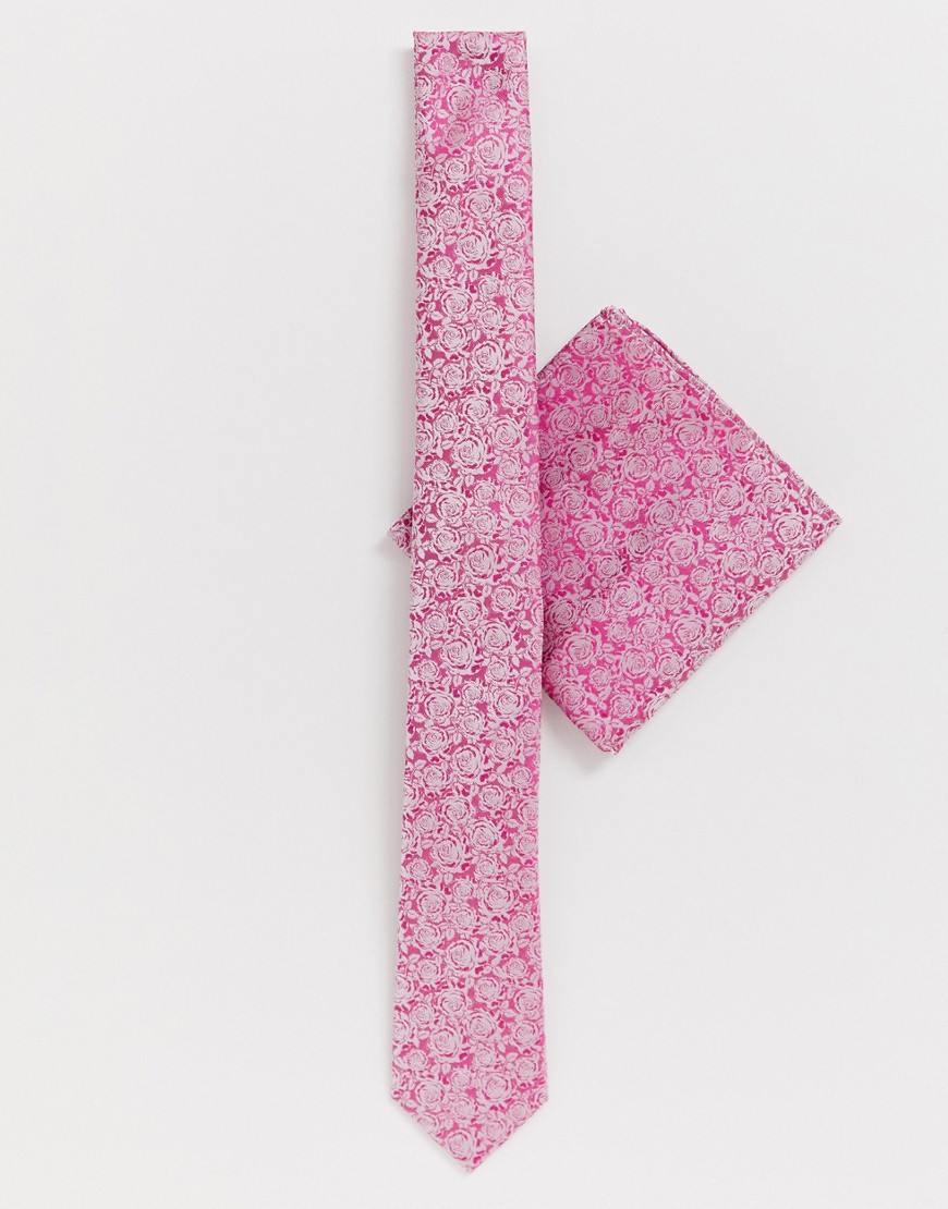 Moss London tie & pocket square in pink rose print