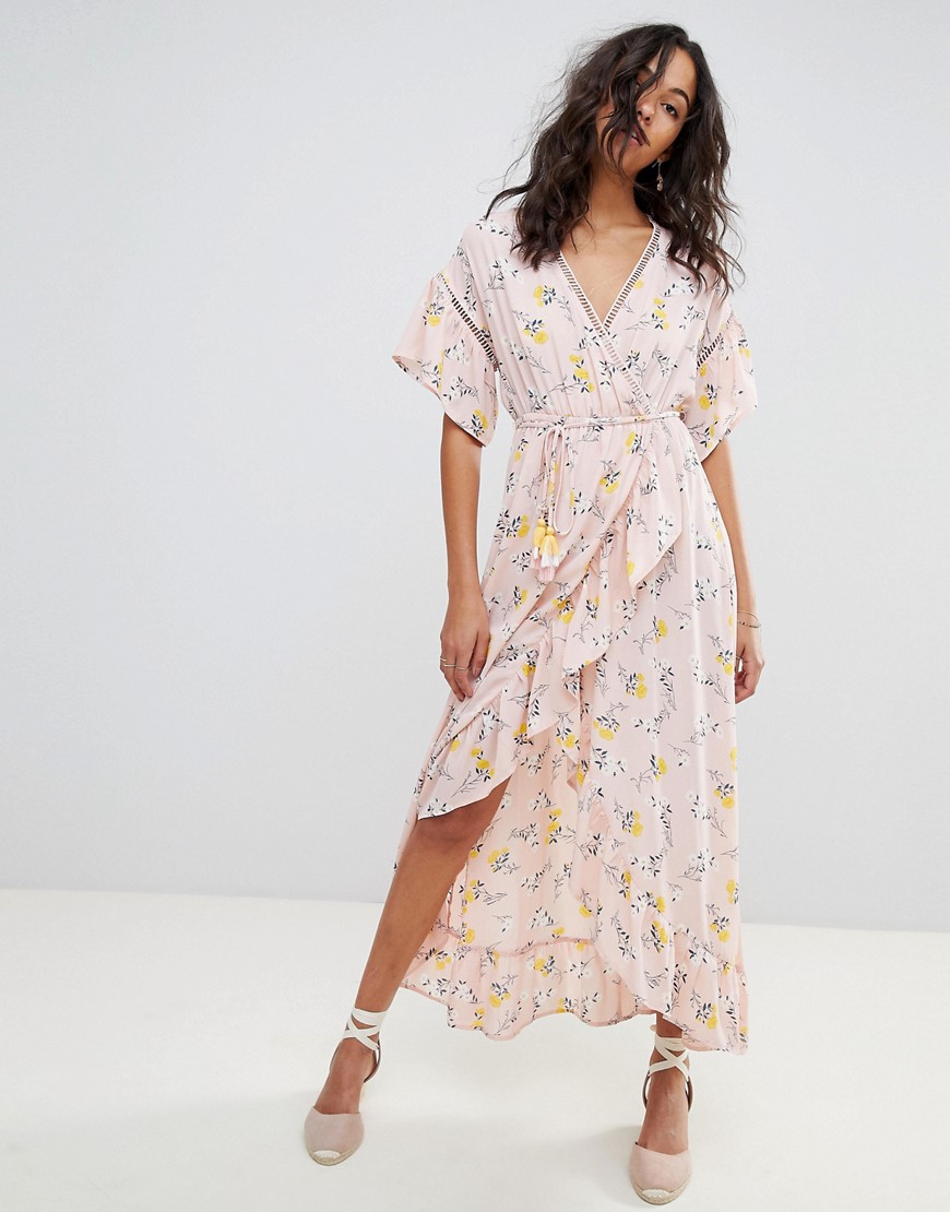 Moon River Ditsy Floral Wrap Maxi Dress - Pink floral