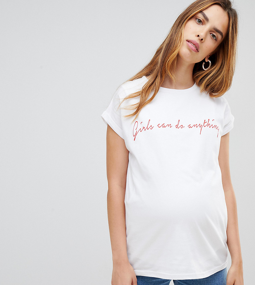 ASOS DESIGN Maternity nursing t-shirt with girls can slogan - White