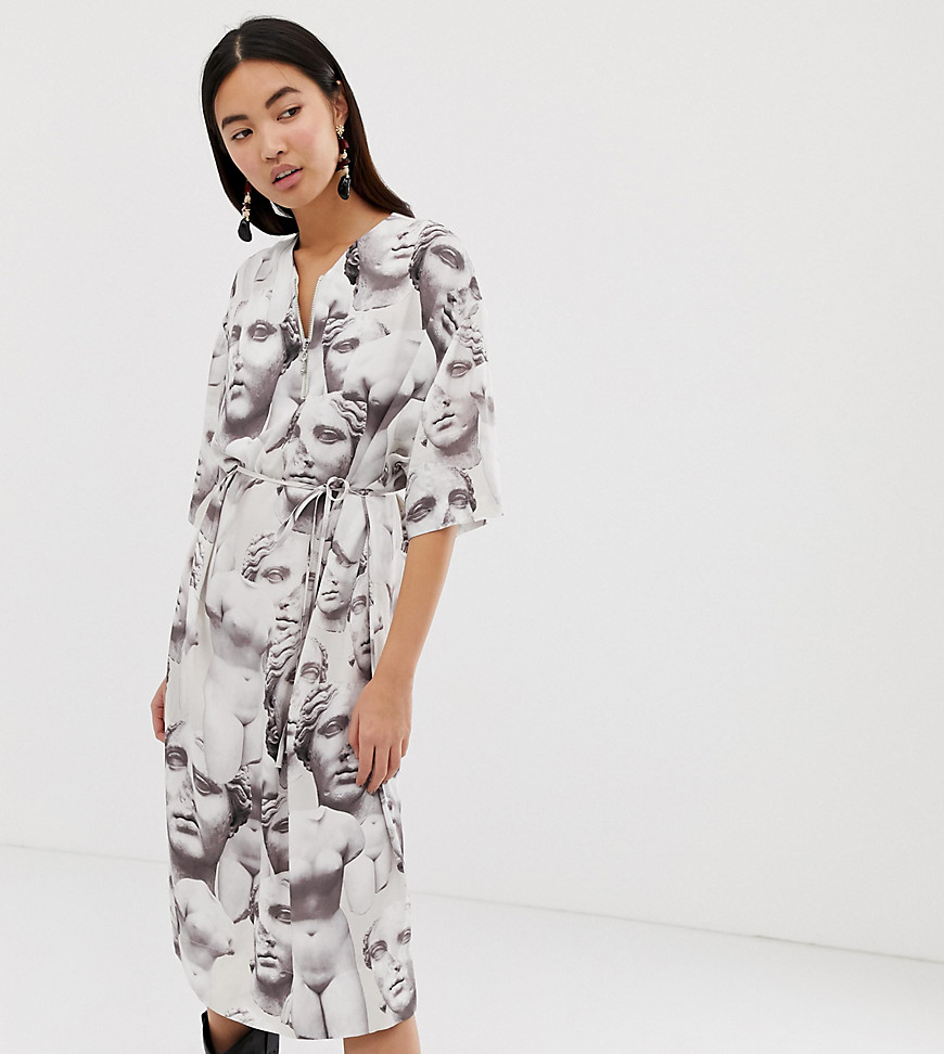 Weekday zip front smock dress with roman face print in white