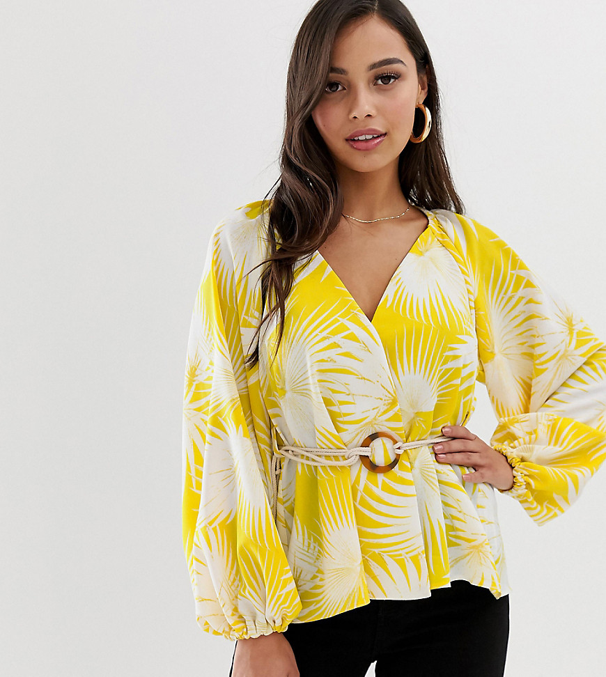 ASOS DESIGN Petite long sleeve plunge top with kimono sleeve and rope belt in tropical print