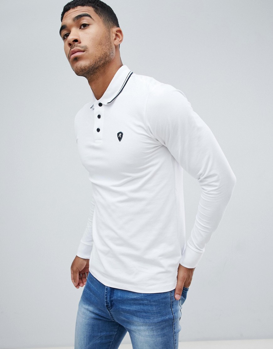 Replay logo long sleeve polo with tipped collar in white