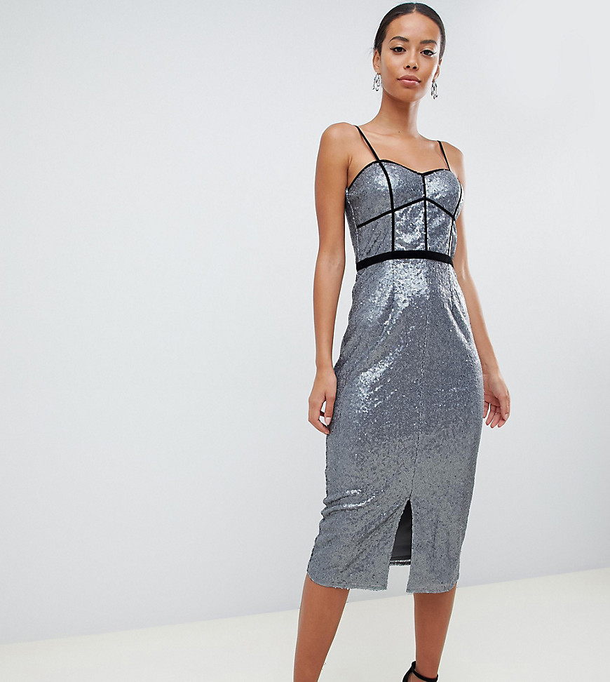 Little Mistress Tall cami strap panelled sequin pencil dress in silver