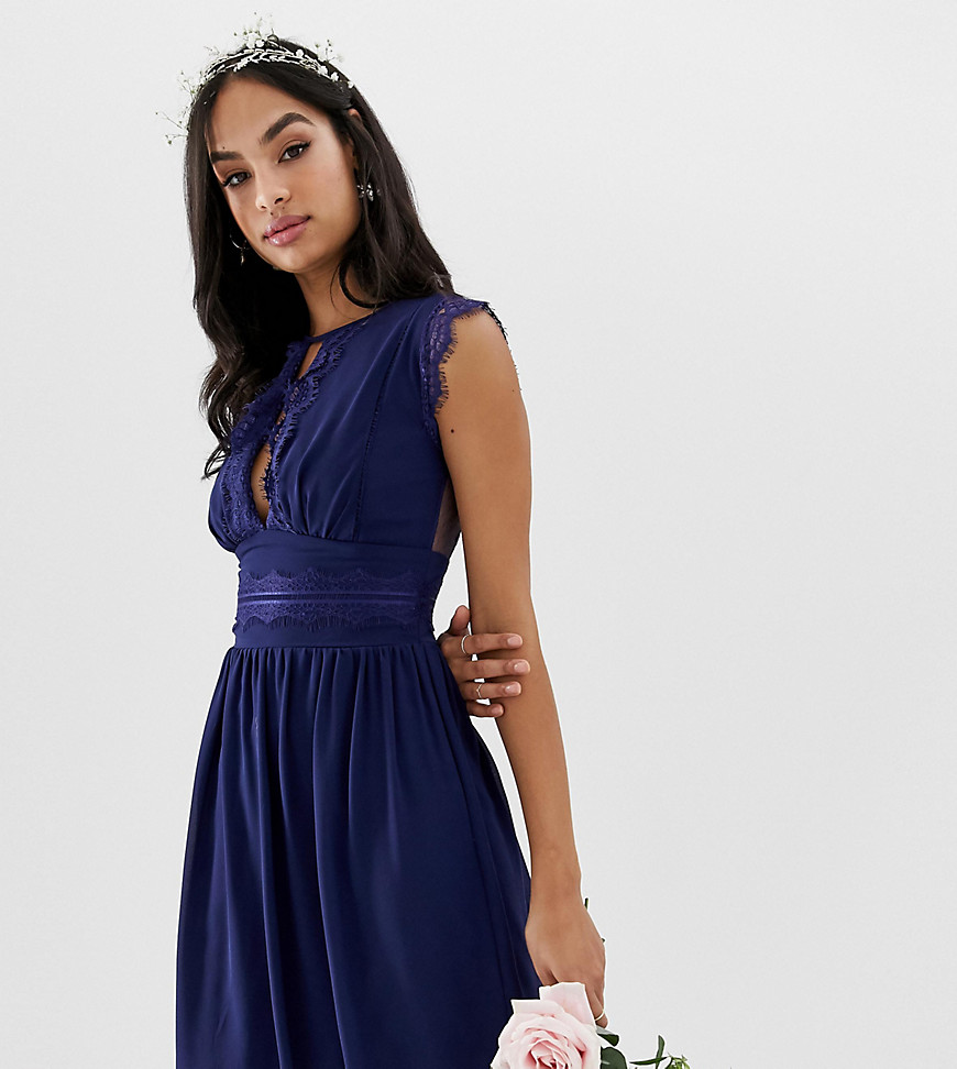 TFNC lace detail mini bridesmaid dress in navy
