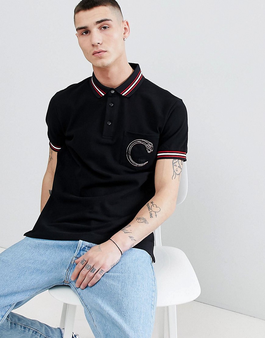 Cavalli Class Tipped Polo Shirt In Black With Logo - Black