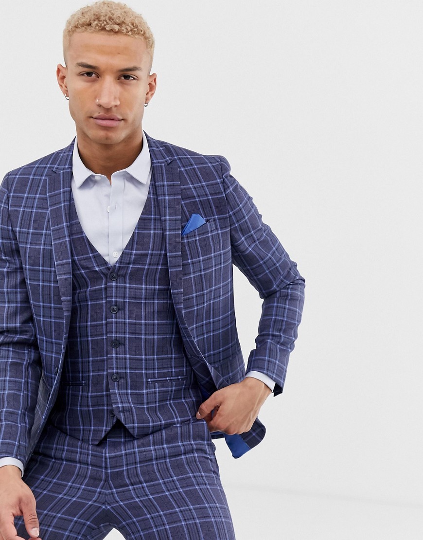 River Island double breasted suit jacket in blue check