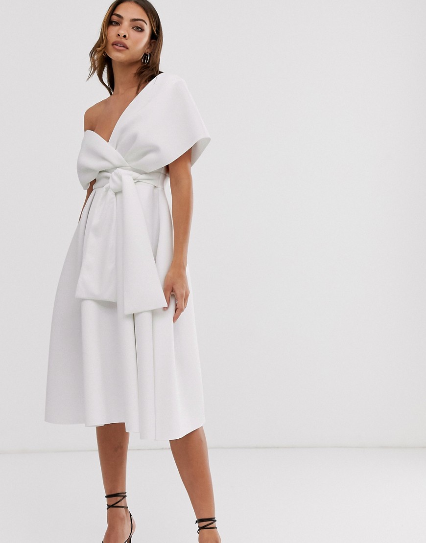 Asos Design Fallen Shoulder Midi Prom Dress With Tie Detail-white