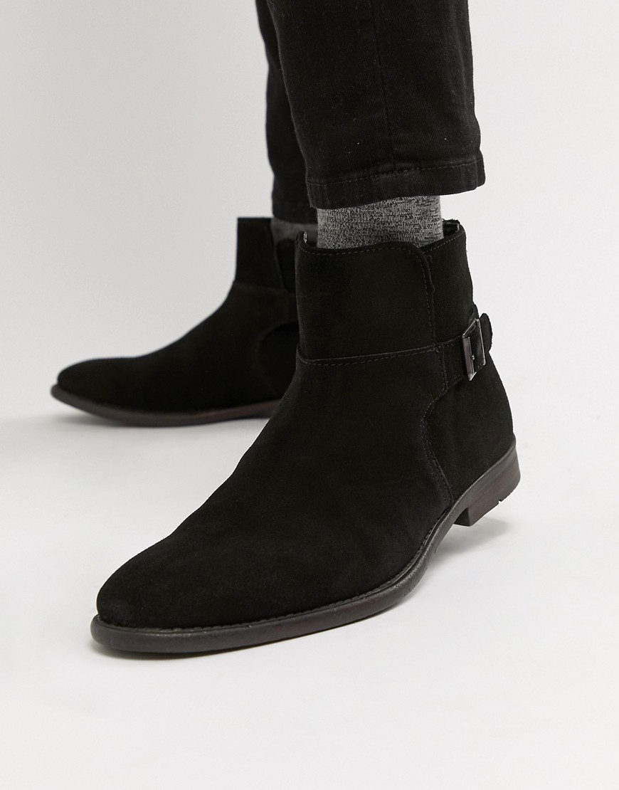 Asos Design Chelsea Boots In Black Suede With Strap Detail - Black