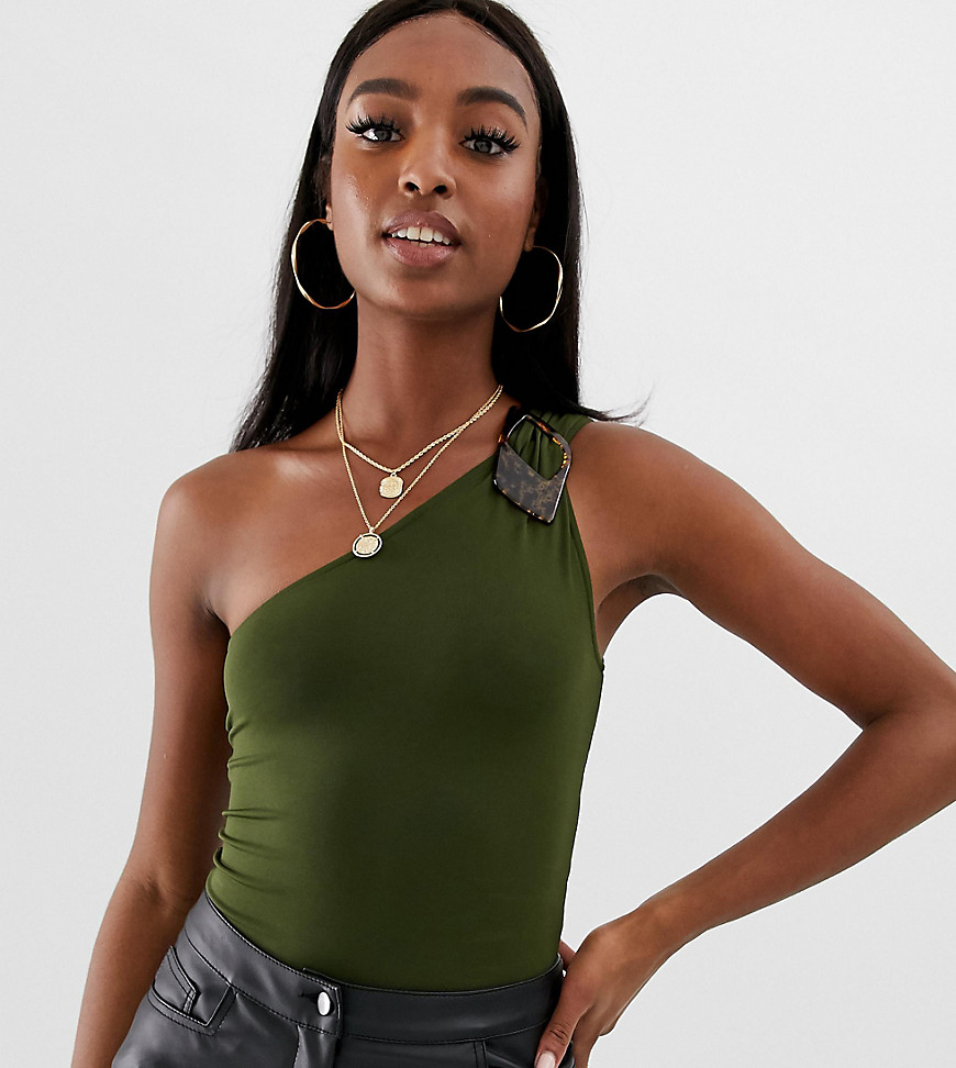 ASOS DESIGN Tall one shoulder body in slinky fabric with buckle trim