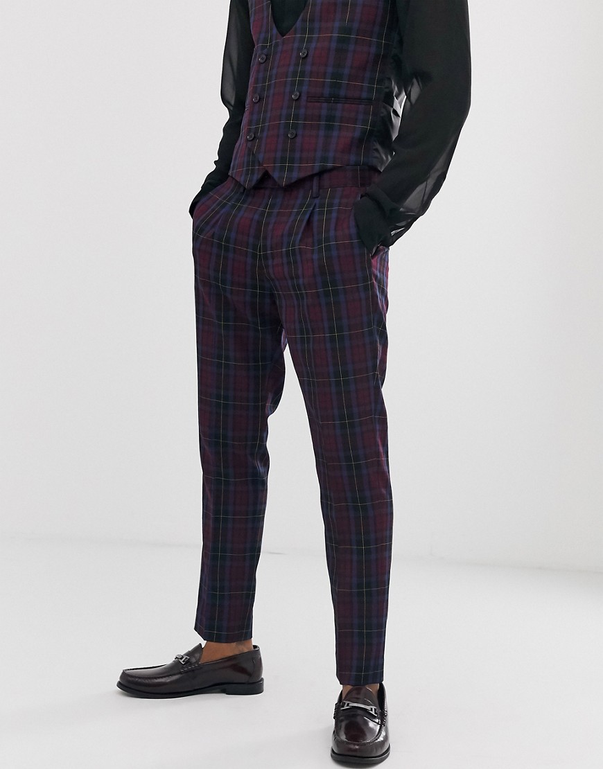 Devils Advocate skinny fit berry tartan check cropped suit trouser