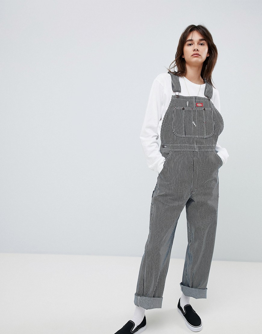 Dickies Boyfriend Dungarees With Small Patch Logo - Stripe