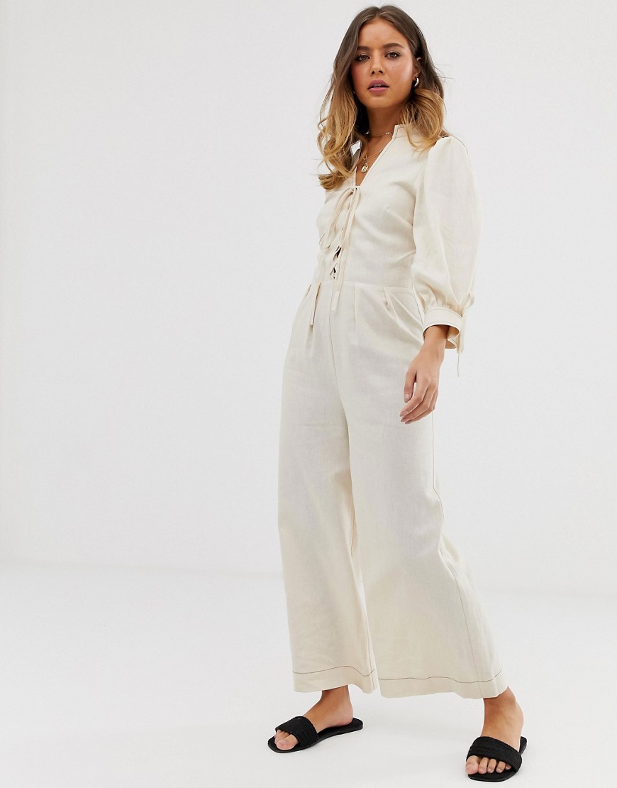 ASOS DESIGN lace up jumpsuit with puff sleeves