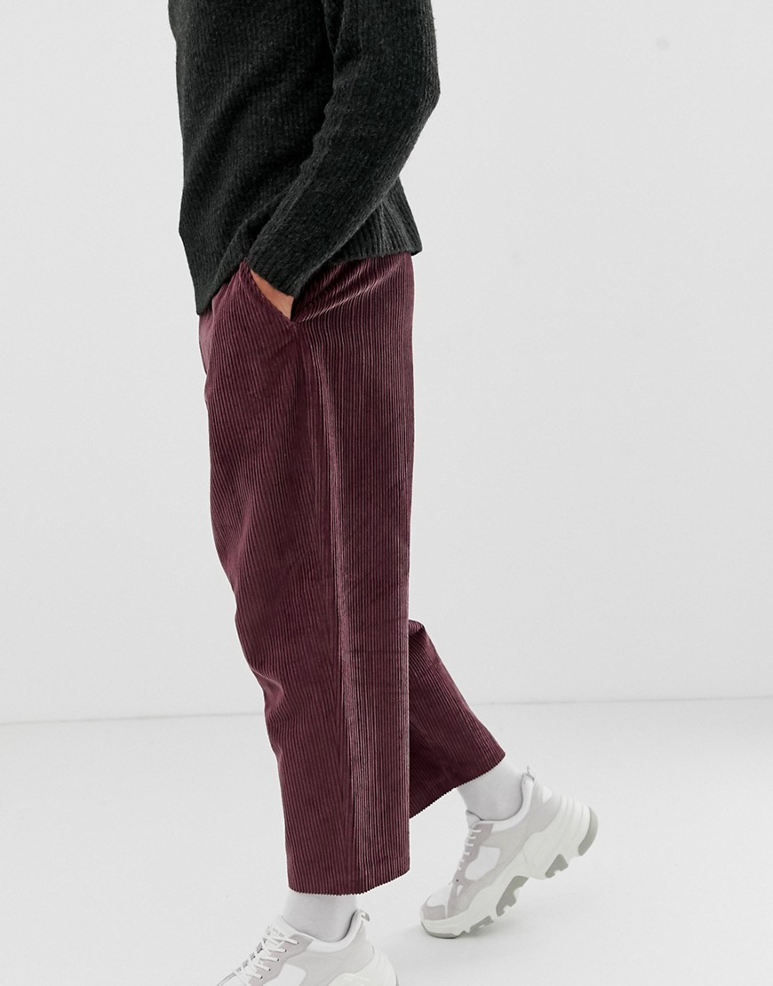 ASOS DESIGN drop crotch tapered smart trousers in purple cord