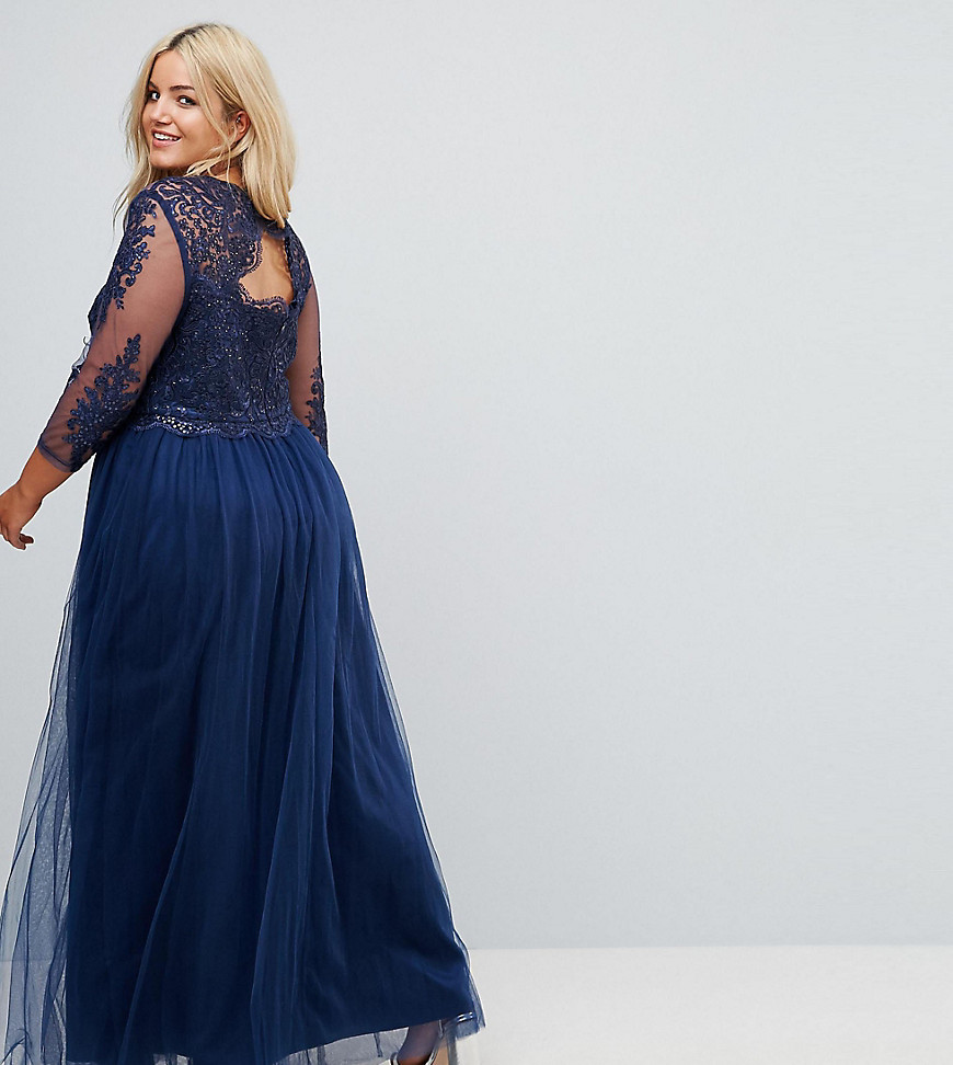Chi Chi London Plus High Neck Maxi With Cut Out Lace Back Detail - Navy