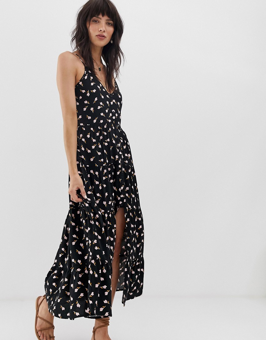 Band of Gypsies button front tiered maxi dress in black floral print