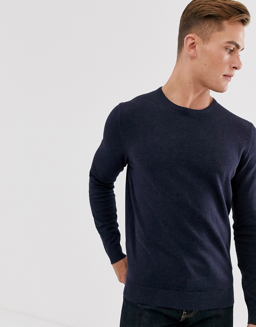 Selected Homme cotton crew neck knitted jumper in navy