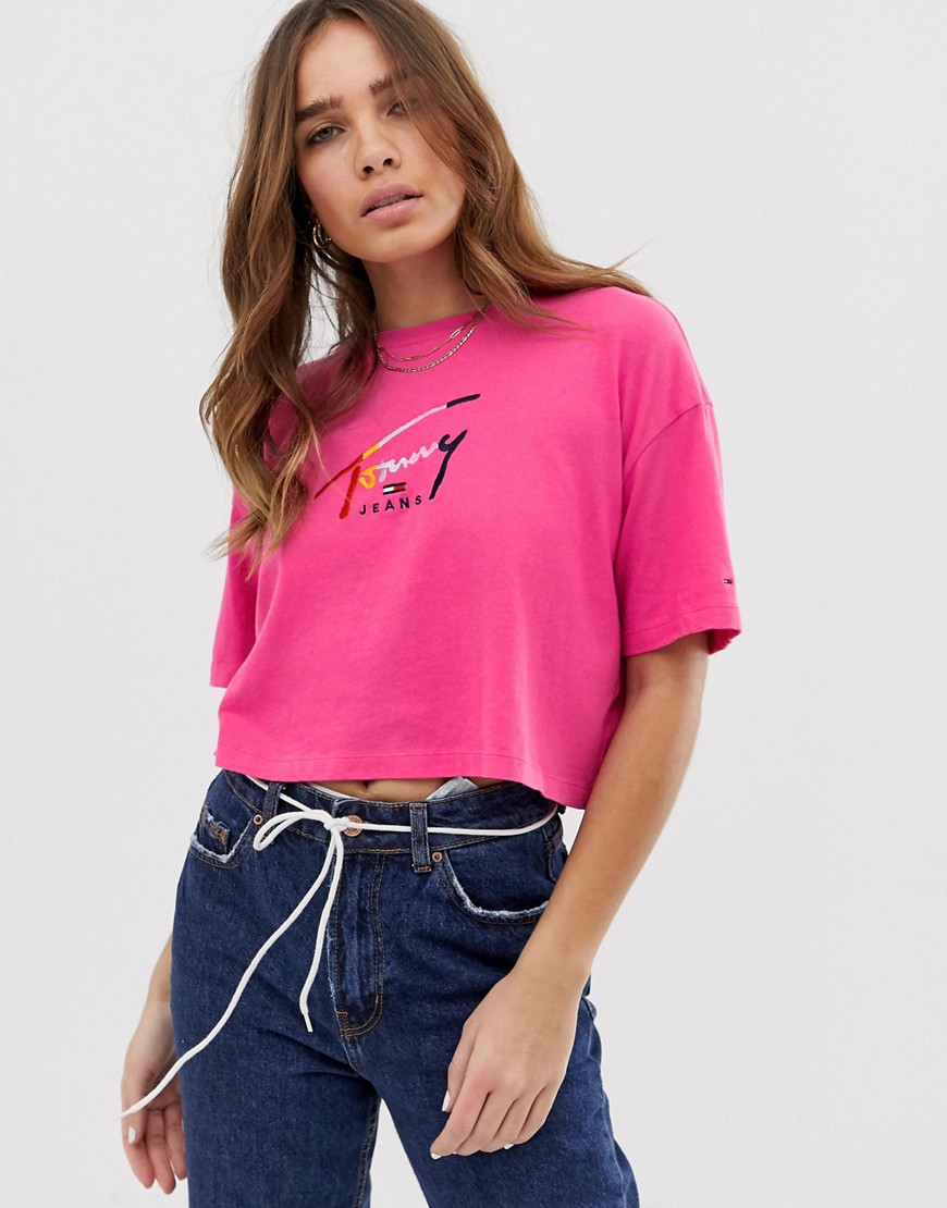 Tommy Jeans cropped rainbow script logo t-shirt
