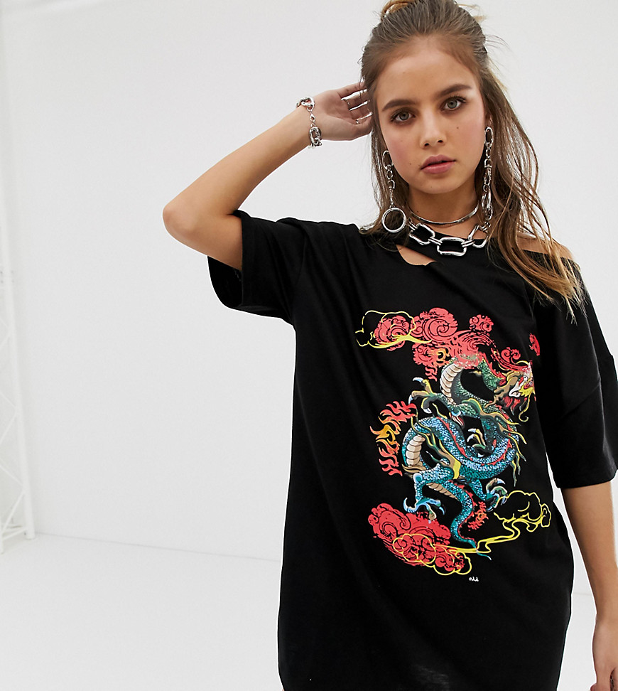 One Above Another oversized t-shirt dress with distressing with dragon print