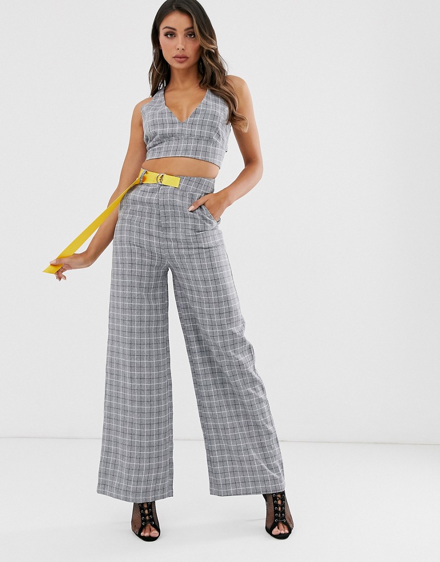 Lasula wide leg trouser with contrast belt detail in grey check