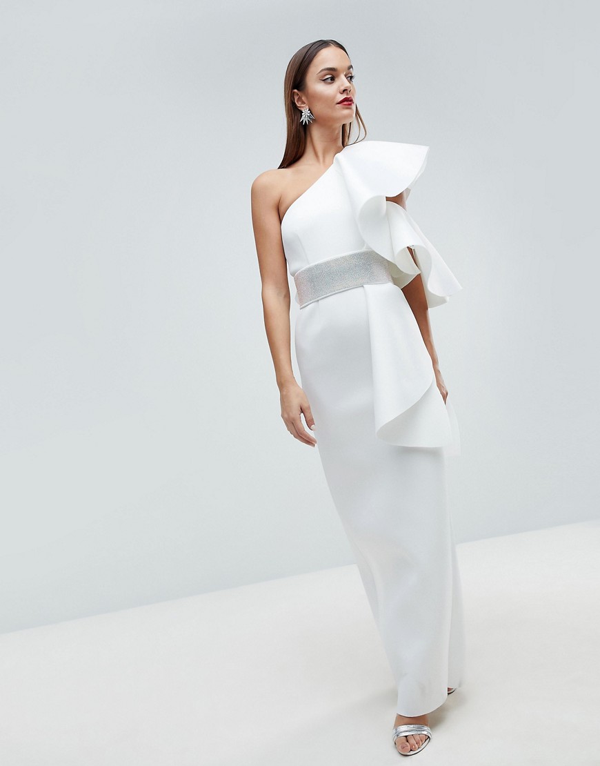 ASOS EDITION Scuba One Shoulder Ruffle Maxi Dress with Detachable Diamante Belt