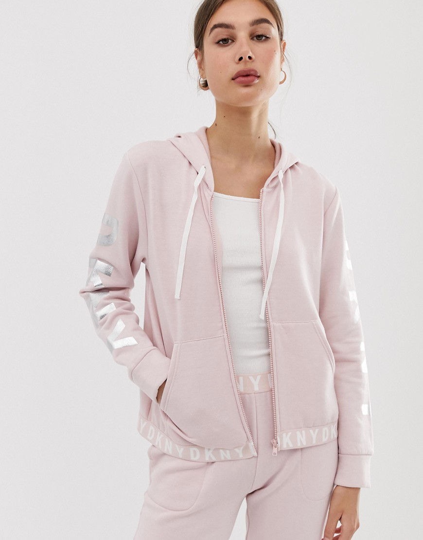 DKNY logo zip front hoodie in pink