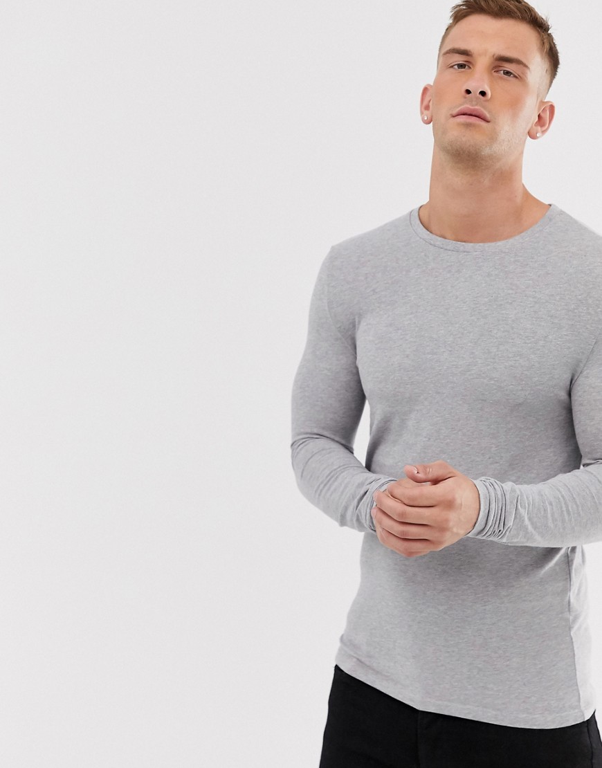 Asos Design Muscle Fit Long Sleeve Crew Neck T-shirt In Gray Marl ...