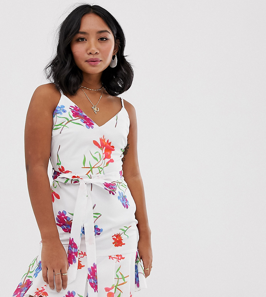 Parisian Petite cami strap dress with tie waist in white floral