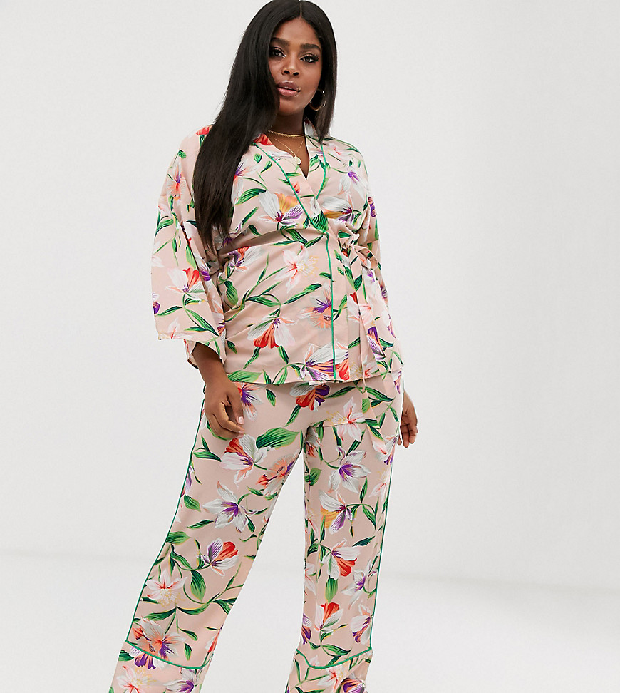 Liquorish Plus wide leg trousers in floral print with green piping co ord