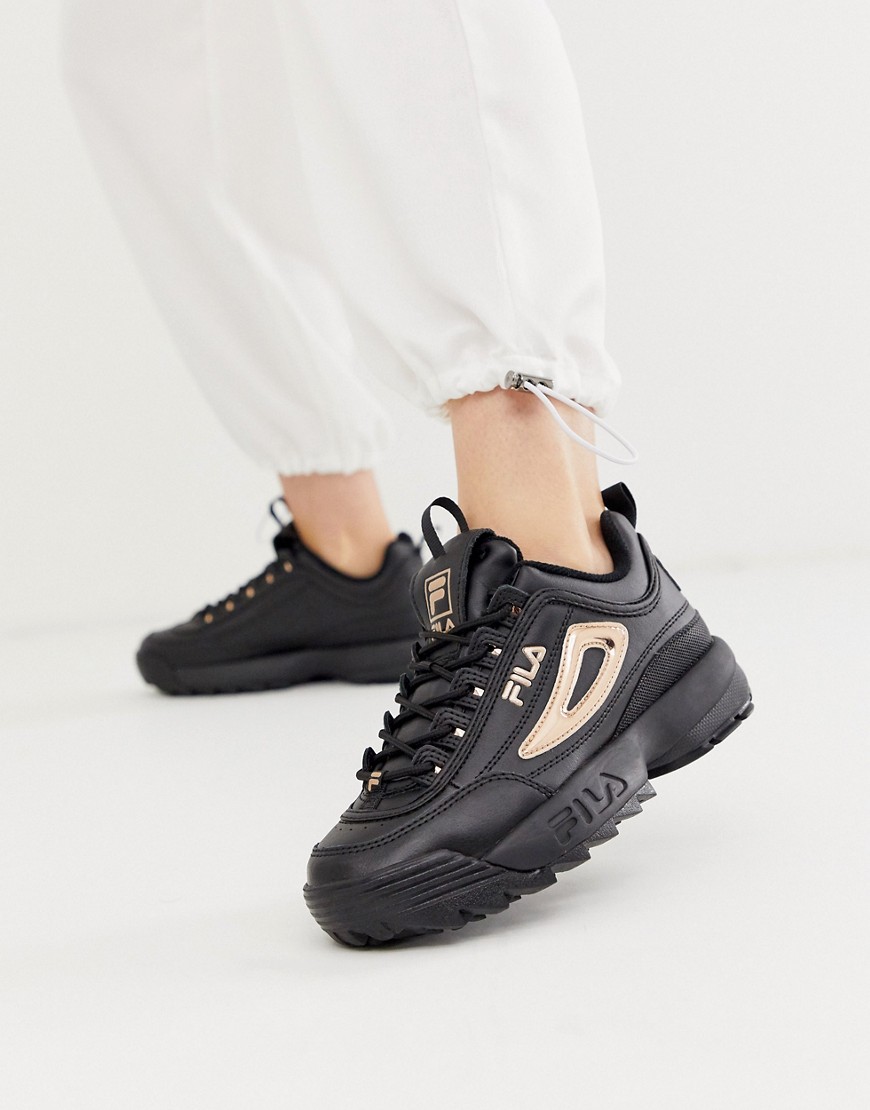 Fila Disruptor II trainers in black with rose gold
