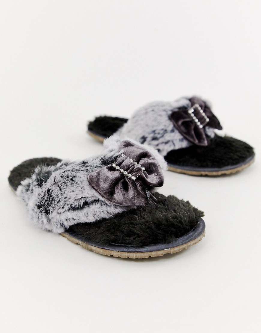 Bedroom Athletics Jacqui faux fur toe post slipper in charcoal