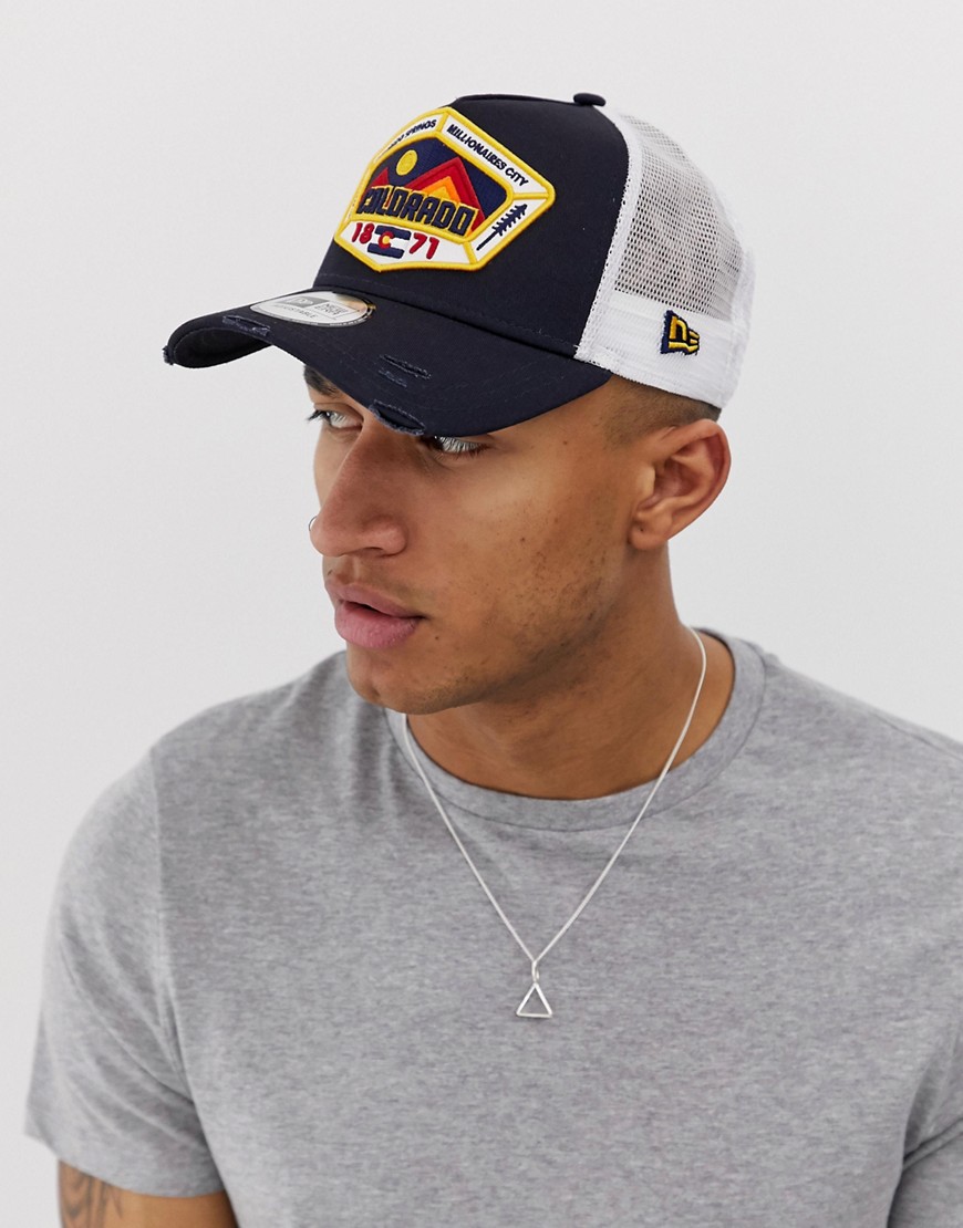 New Era Colorado distressed trucker cap in navy