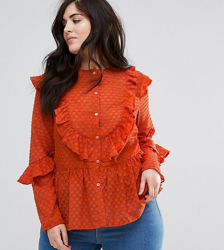 Lovedrobe Dotty Lace Shirt With Ruffle Detail - Rust