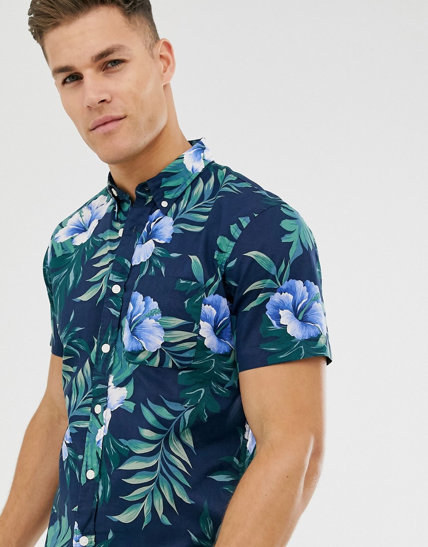 Abercrombie & Fitch short sleeve leaf print hawaiian shirt in navy