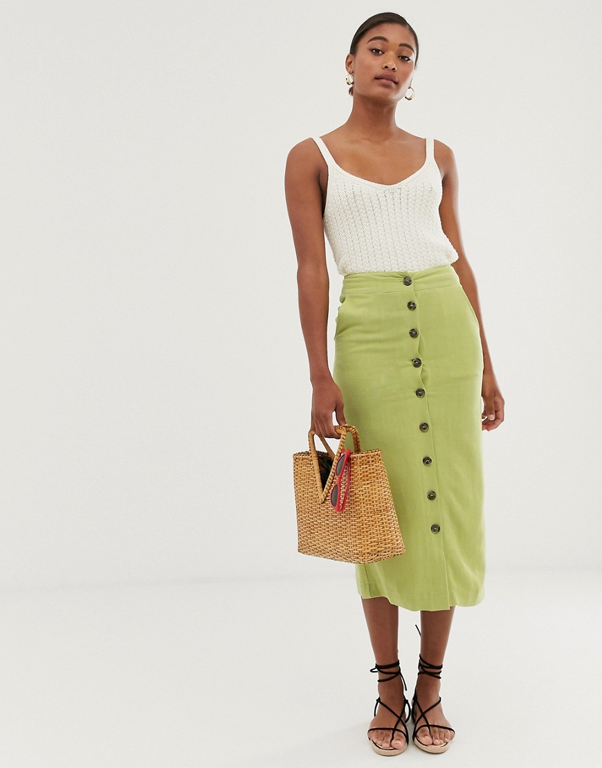 ASOS DESIGN button front midi skirt in olive
