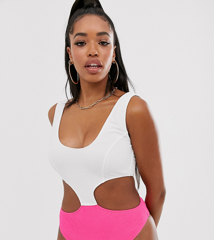 Peek & Beau Fuller Bust Exclusive scrunch cut-out swimsuit in neon pink and white D - F Cup