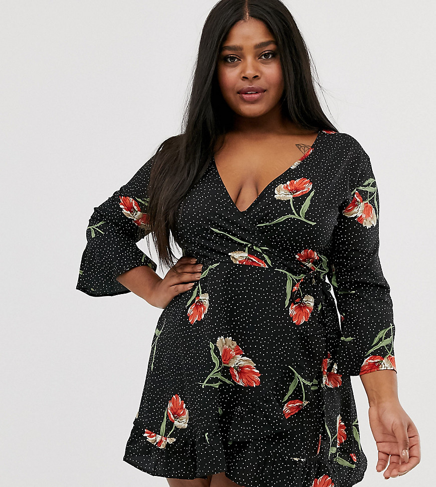 Influence Plus Floral And Polka Dot Frill Wrap Dress