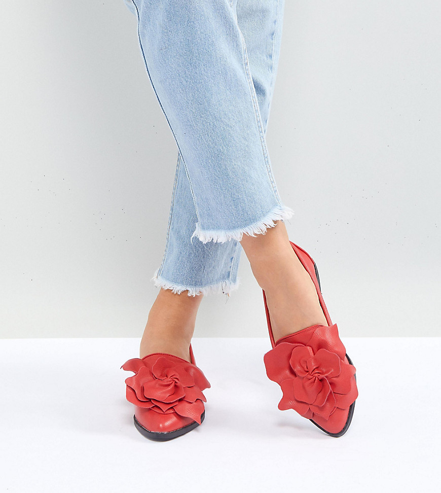 Lost Ink Wide Fit Red Flower Trim Flat Shoes