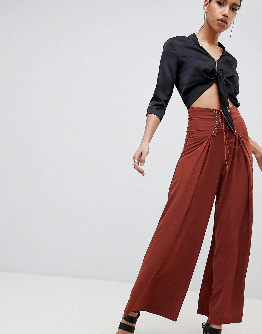 Parallel Lines Wide Leg Trousers With Corset Detail - Cinnamon