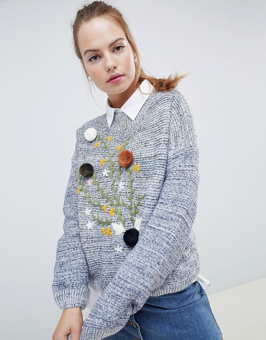 Wild Flower Jumper With Pom Pom and Floral Embroidery